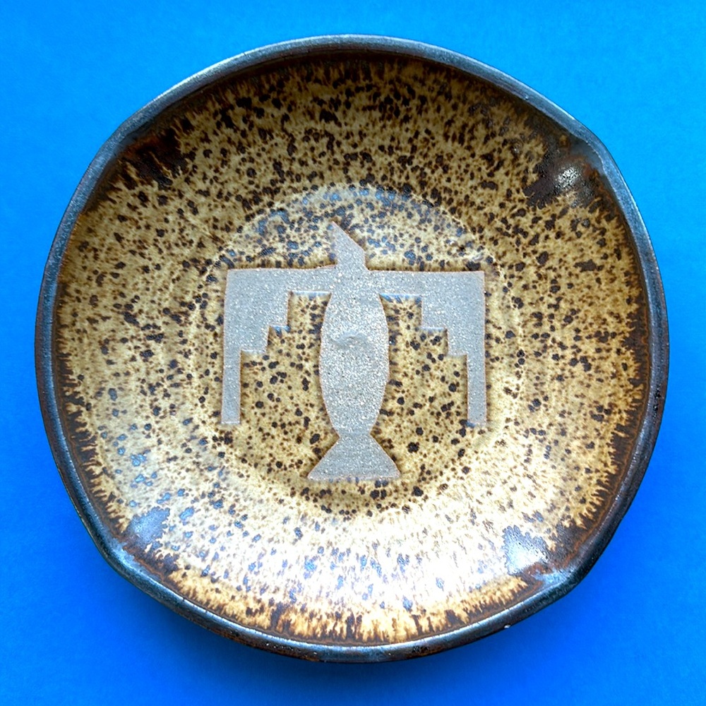 Thunderbird Art Pottery 8” Shallow Bowl Rustic Brown and Tan Artisan Signed